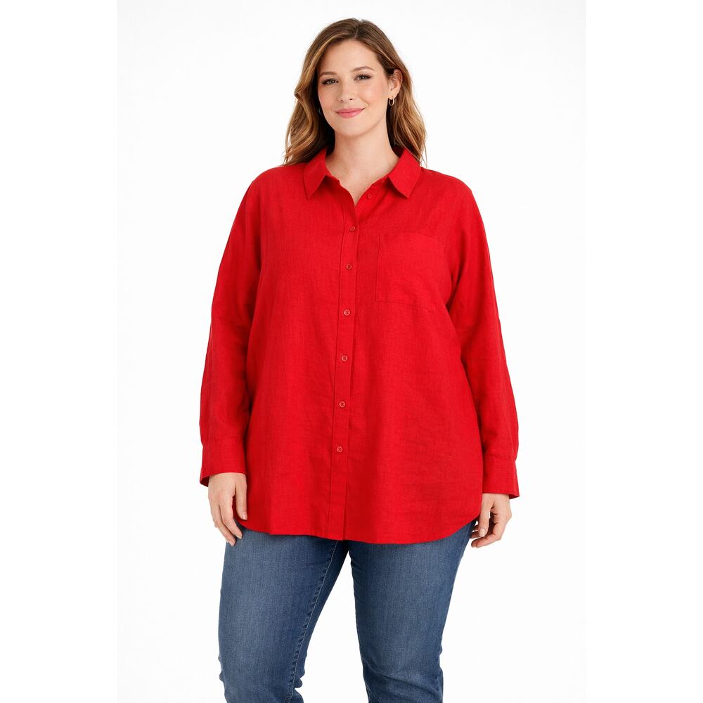 The Drop Avila Linen Button Front Long Sleeve Shirt Red Womens Plus Size 4X New